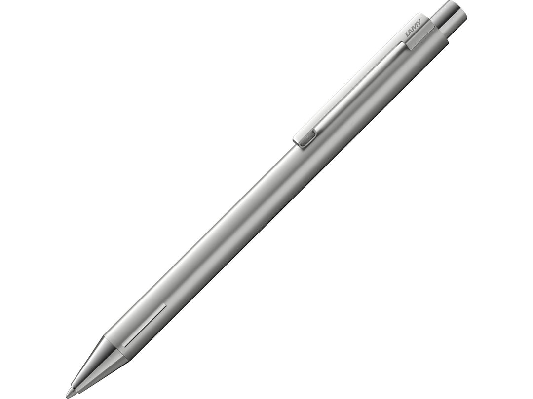 LAMY econ ballpoint pen in silver with stainless steel body, brushed finish, distinctive curved metal clip and precision ballpoint writing tip