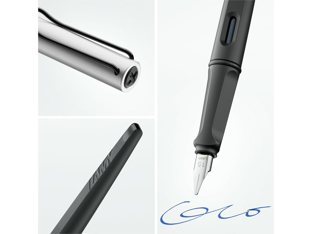 LAMY joy AL fountain pen feature image showcasing aluminium construction, ergonomic grip, polished steel calligraphy nib and wire pocket clip
