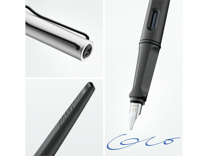LAMY joy AL fountain pen feature image showcasing aluminium construction, ergonomic grip, polished steel calligraphy nib and wire pocket clip