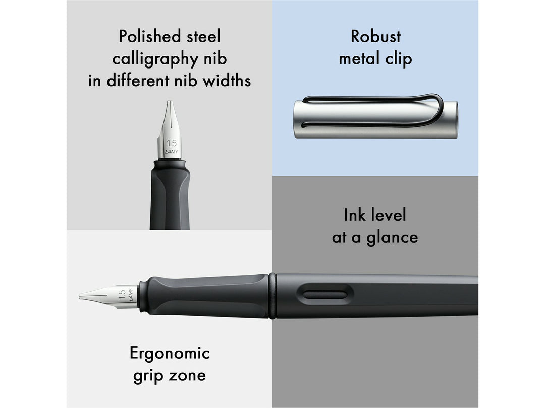 LAMY joy AL fountain pen feature collage showing polished steel calligraphy nib, aluminium barrel construction, ergonomic grip section, wire pocket clip and integrated ink viewing window