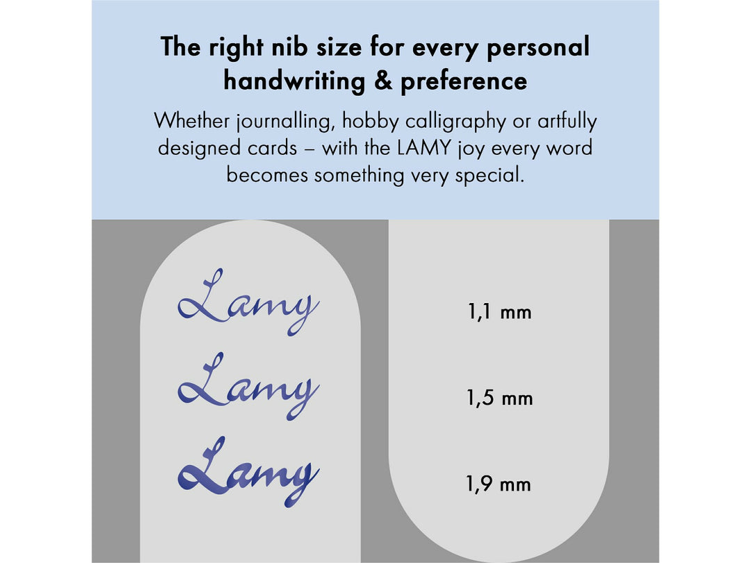 LAMY joy AL fountain pen calligraphy nib comparison showing handwriting samples for 1.1mm, 1.5mm and 1.9mm nib sizes