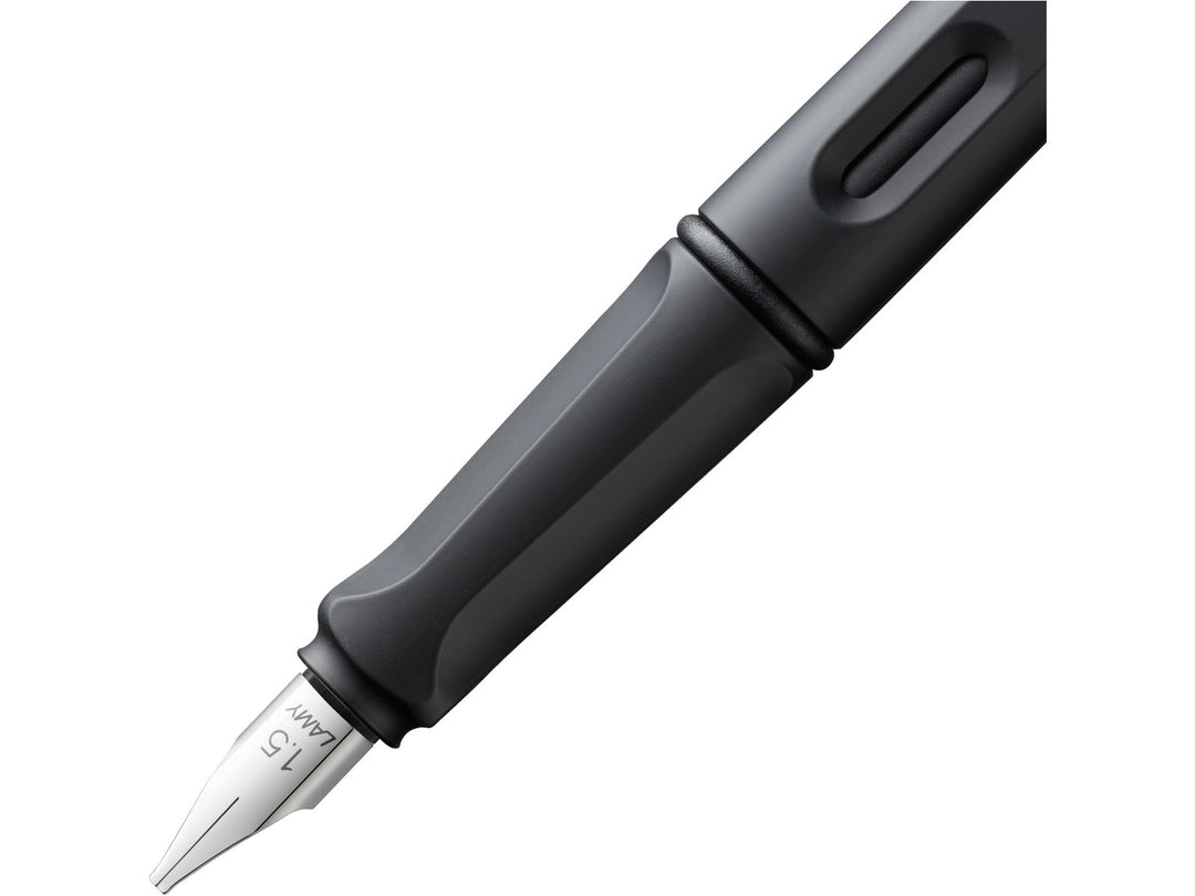 LAMY joy AL calligraphy fountain pen grip section close-up with polished steel nib and integrated ink viewing window