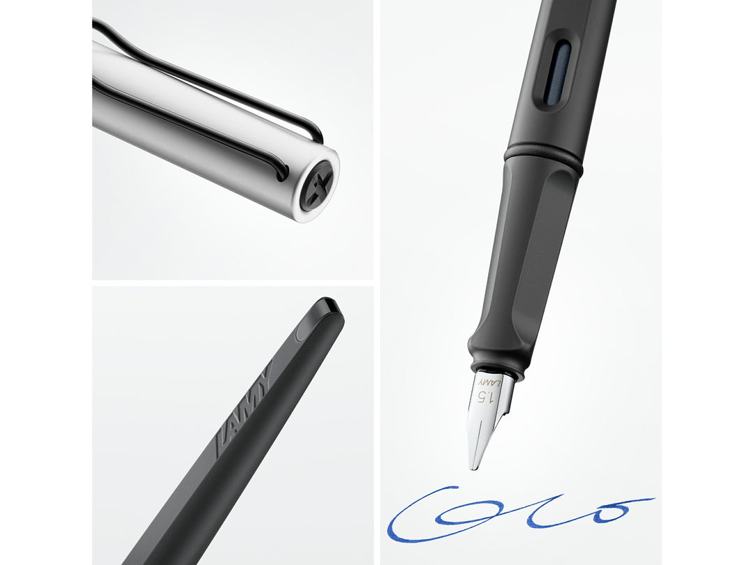 LAMY joy AL fountain pen feature image showcasing aluminium construction, ergonomic grip, polished steel calligraphy nib and wire pocket clip