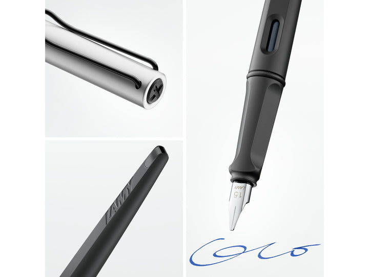 LAMY joy AL fountain pen feature image showcasing aluminium construction, ergonomic grip, polished steel calligraphy nib and wire pocket clip