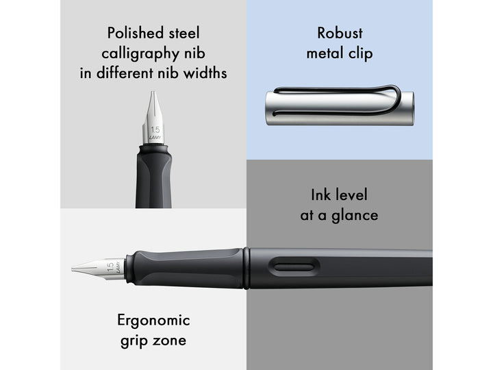 LAMY joy AL fountain pen feature collage showing polished steel calligraphy nib, aluminium barrel construction, ergonomic grip section, wire pocket clip and integrated ink viewing window