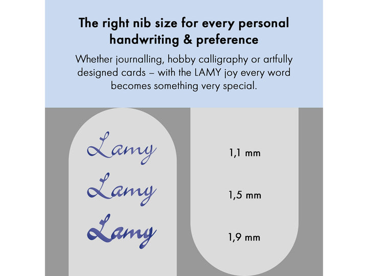 LAMY joy AL fountain pen calligraphy nib comparison showing handwriting samples for 1.1mm, 1.5mm and 1.9mm nib sizes