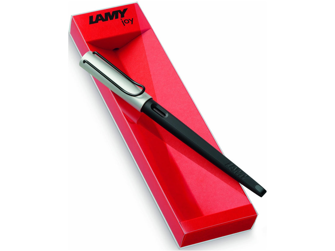 LAMY joy AL fountain pen with aluminium barrel and polished steel calligraphy nib displayed on red presentation gift packaging