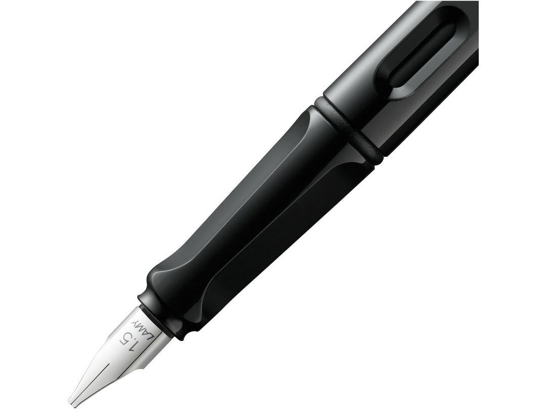 LAMY joy calligraphy fountain pen grip section close-up with polished steel nib and integrated ink level window