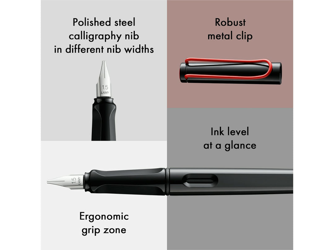 LAMY joy calligraphy fountain pen detail collage highlighting interchangeable calligraphy nib, wire pocket clip, ergonomic grip and ink window