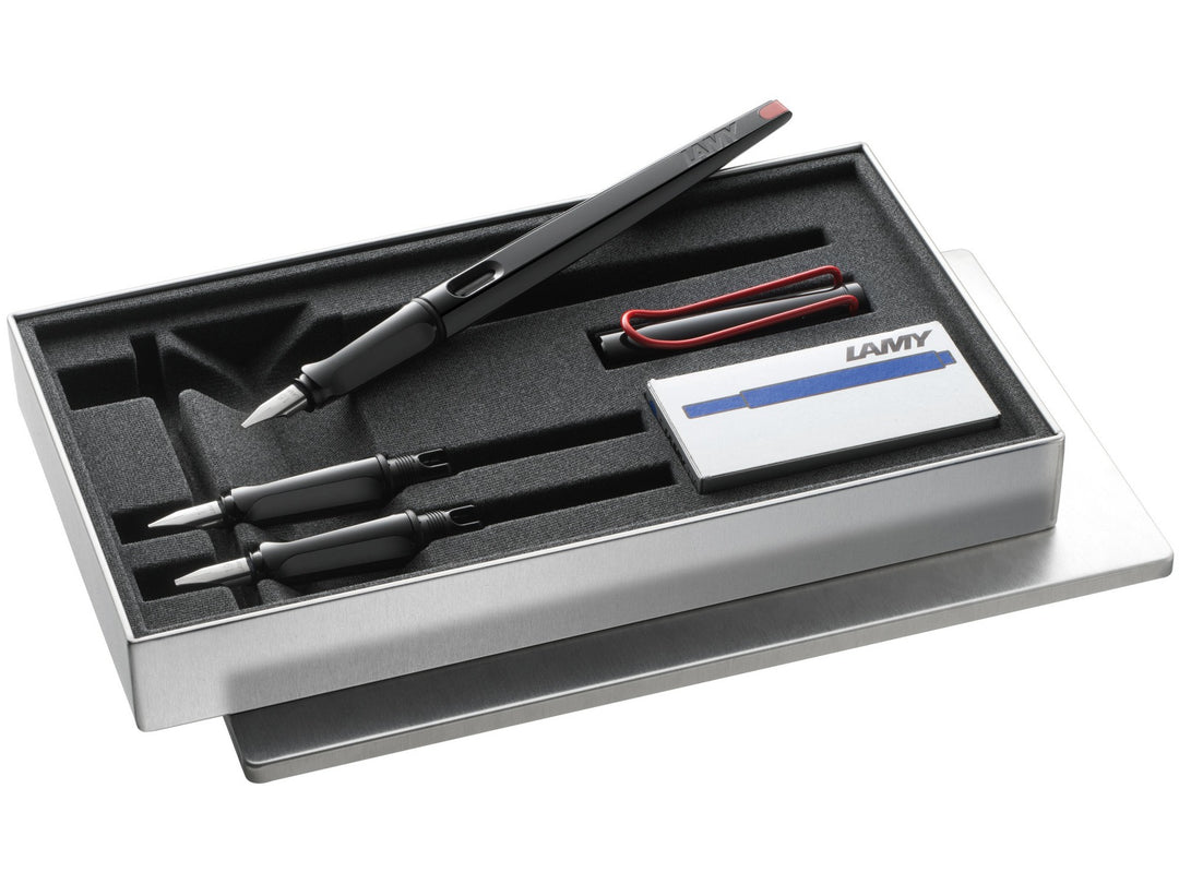 LAMY joy Calligraphy Set presentation box containing a calligraphy fountain pen, interchangeable 1.1mm, 1.5mm and 1.9mm nibs, and five LAMY T10 blue ink cartridges