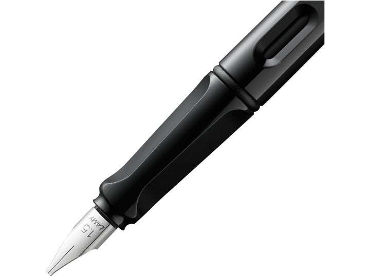 LAMY joy calligraphy fountain pen grip section close-up with polished steel nib and integrated ink level window
