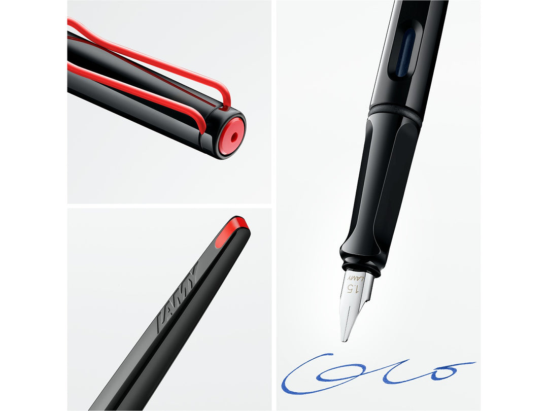 LAMY joy fountain pen feature image showcasing tapered barrel, ergonomic grip, red wire clip and polished steel calligraphy nib