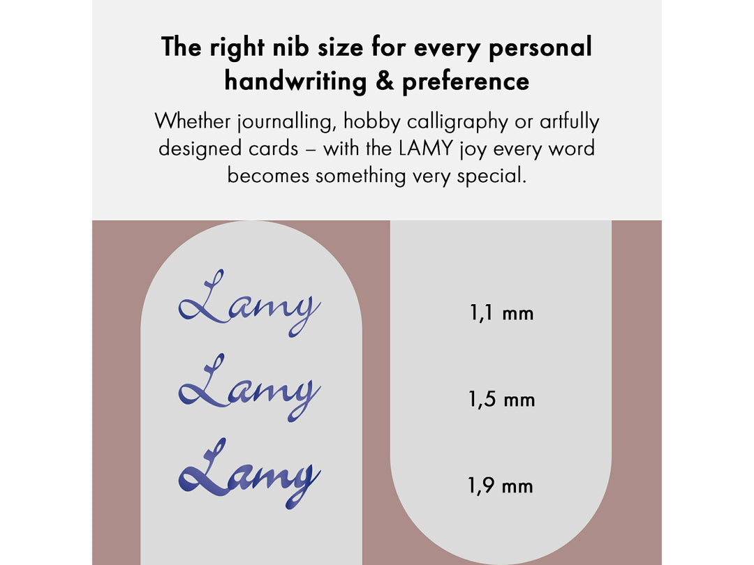 LAMY joy fountain pen calligraphy nib comparison showing handwriting samples for 1.1mm, 1.5mm and 1.9mm nib sizes