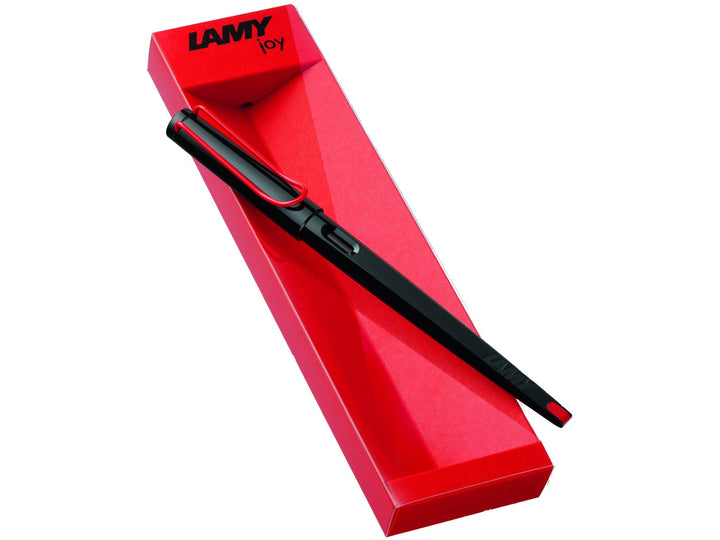 LAMY joy fountain pen with polished steel calligraphy nib displayed on red presentation gift packaging