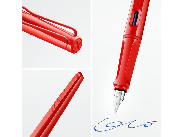 LAMY joy Strawberry fountain pen feature image showcasing tapered barrel, ergonomic grip, red wire clip and polished steel calligraphy nib