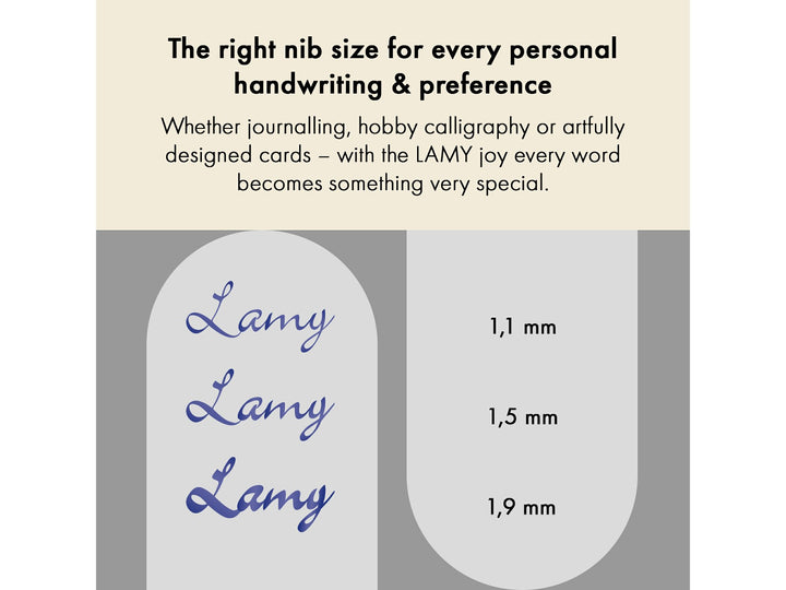 LAMY joy fountain pen calligraphy nib comparison showing handwriting samples for 1.1mm, 1.5mm and 1.9mm nib sizes