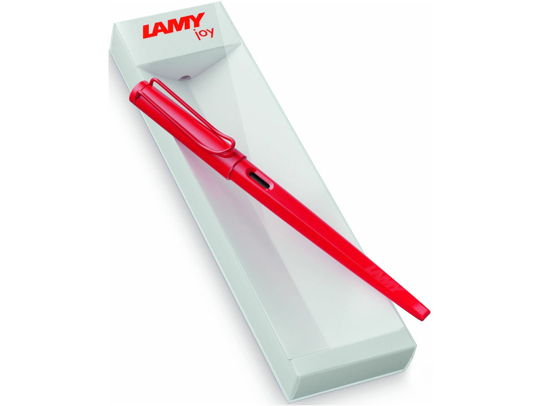 LAMY joy Strawberry fountain pen with polished steel calligraphy nib displayed on red presentation gift packaging