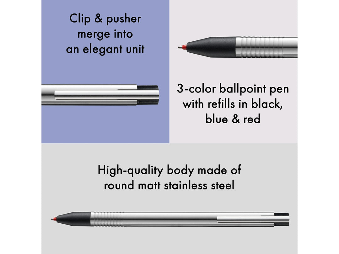 LAMY logo 3 Colours Multisystem Pen feature graphic showing integrated clip and push-button design, black, blue and red ballpoint refills, and matt stainless steel construction