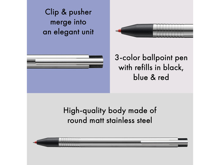 LAMY logo 3 Colours Multisystem Pen feature graphic showing integrated clip and push-button design, black, blue and red ballpoint refills, and matt stainless steel construction