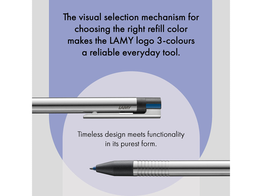LAMY logo 3 Colours Multisystem Pen feature graphic showing visual colour selection mechanism and automatic switching between black, blue and red ballpoint refills