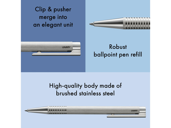 Close-up of the LAMY logo Ballpoint Pen in Brushed Stainless Steel featuring the polished metal cone tip, distinctive ribbed grip section and brushed stainless steel barrel construction