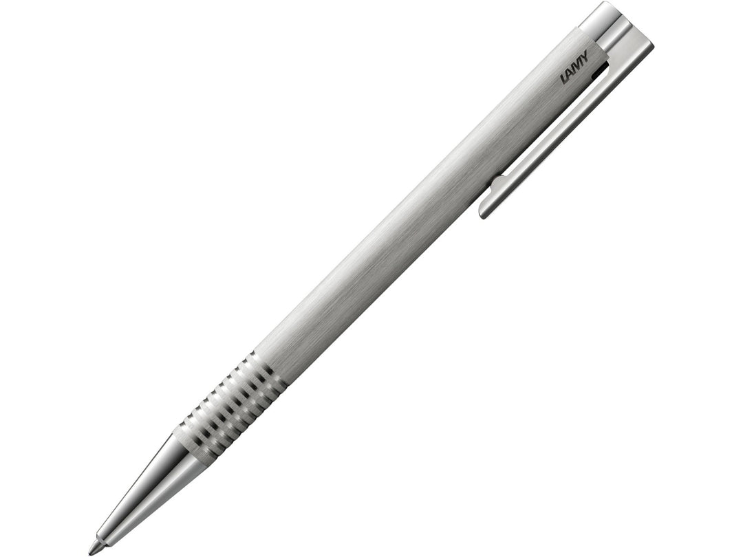 LAMY logo Ballpoint Pen in brushed stainless steel featuring a slim metal body, spring-loaded stainless steel clip and black medium LAMY M16 ballpoint refill