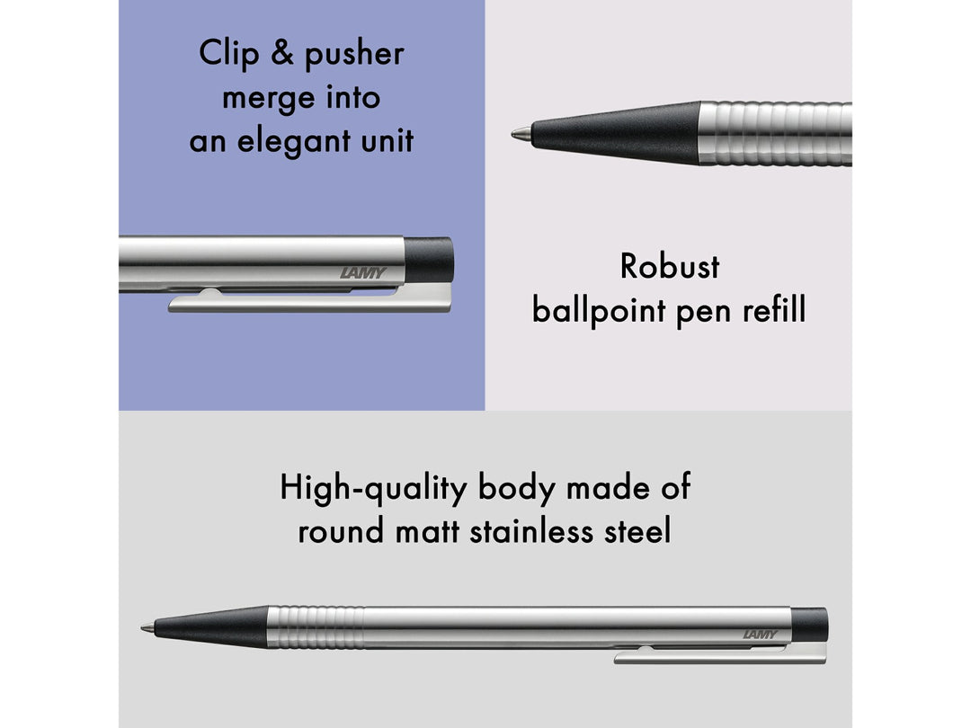 Infographic highlighting key features of the LAMY logo Ballpoint Pen in stainless steel with black trim, showcasing the integrated clip and push-button design, robust LAMY M16 ballpoint refill, satin-finished stainless steel barrel and distinctive ribbed grip section
