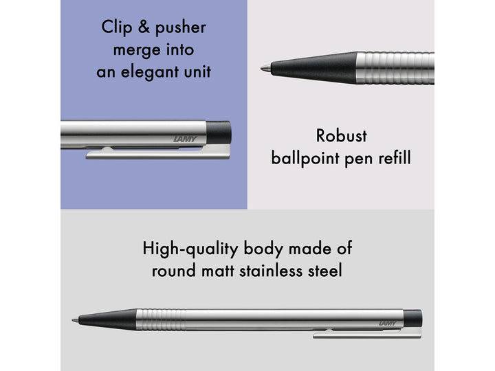 Infographic highlighting key features of the LAMY logo Ballpoint Pen in stainless steel with black trim, showcasing the integrated clip and push-button design, robust LAMY M16 ballpoint refill, satin-finished stainless steel barrel and distinctive ribbed grip section