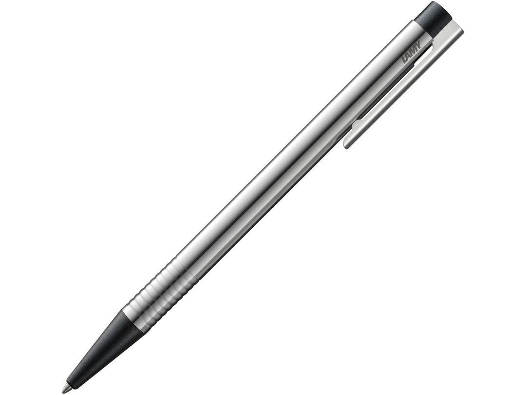 LAMY logo ballpoint pen in stainless steel with black trim, featuring a satin-finished metal barrel, ribbed grip section, spring-loaded metal clip and black medium LAMY M16 ballpoint refill