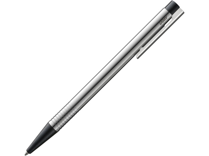 LAMY logo ballpoint pen in stainless steel with black trim, featuring a satin-finished metal barrel, ribbed grip section, spring-loaded metal clip and black medium LAMY M16 ballpoint refill