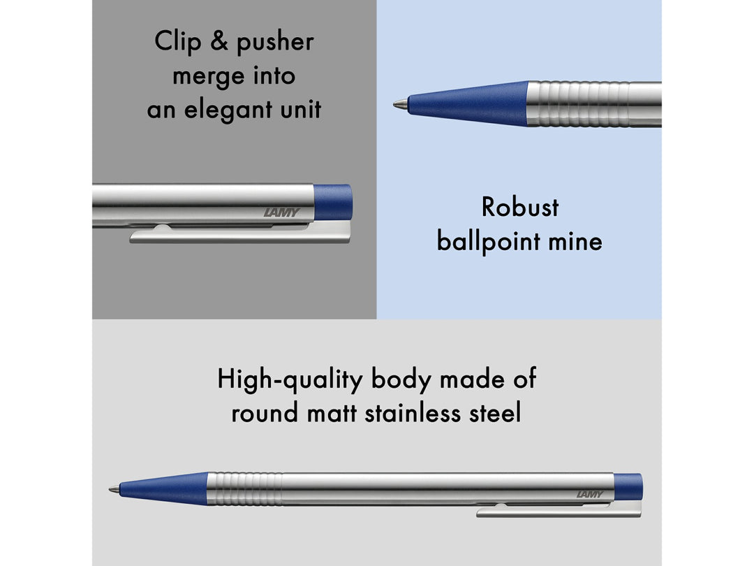 Infographic highlighting key features of the LAMY logo Ballpoint Pen in stainless steel with blue trim, showcasing the integrated clip and push-button design, robust LAMY M16 ballpoint refill, satin-finished stainless steel barrel and distinctive blue grip and button accents
