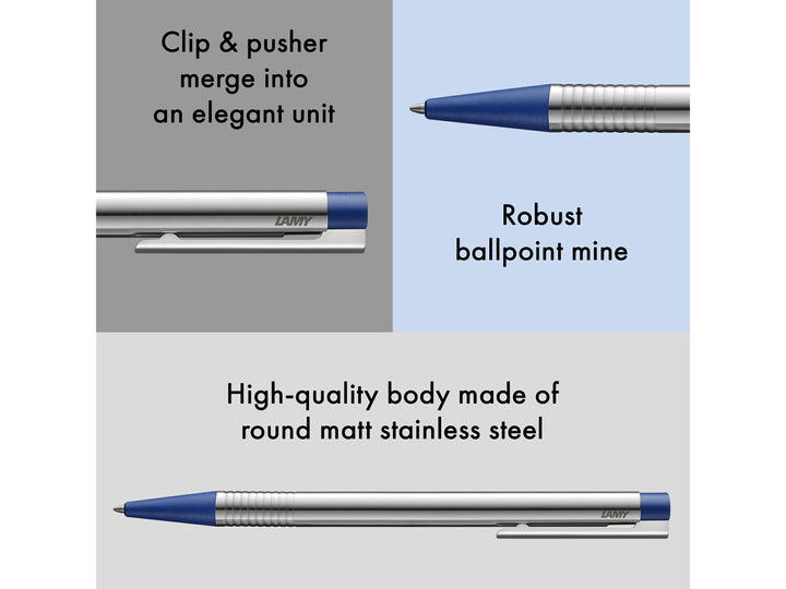 Infographic highlighting key features of the LAMY logo Ballpoint Pen in stainless steel with blue trim, showcasing the integrated clip and push-button design, robust LAMY M16 ballpoint refill, satin-finished stainless steel barrel and distinctive blue grip and button accents