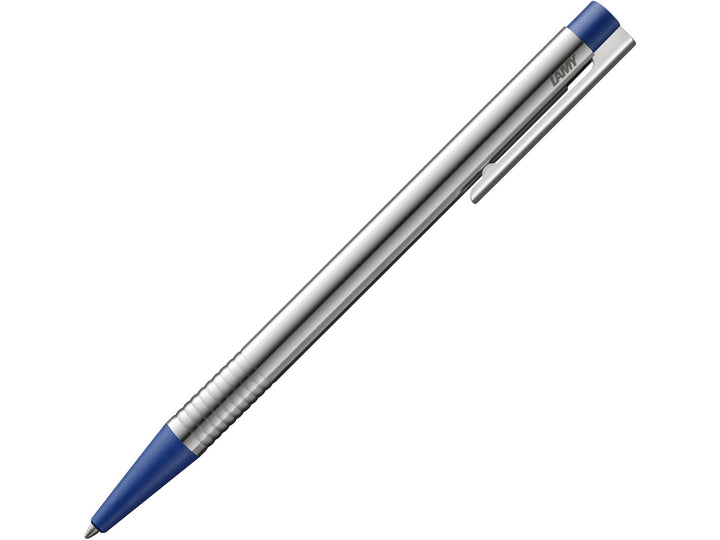 LAMY logo ballpoint pen in stainless steel with blue trim, featuring a satin-finished metal barrel, ribbed grip section, spring-loaded metal clip and blue medium LAMY M16 ballpoint refill
