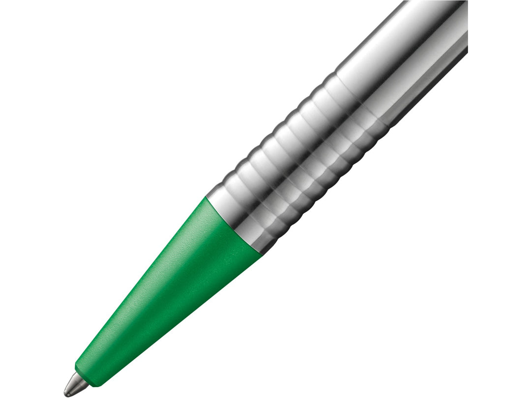 Close-up of the LAMY logo Ballpoint Pen in stainless steel with green trim, featuring the textured green grip section, satin-finished stainless steel barrel, precision metal tip and distinctive ribbed transition detail