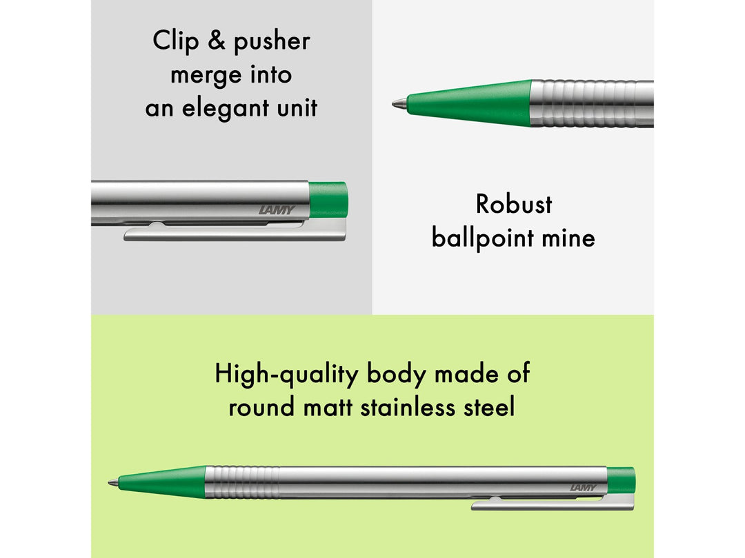Infographic highlighting key features of the LAMY logo Ballpoint Pen in stainless steel with green trim, showcasing the integrated clip and push-button design, robust LAMY M16 ballpoint refill, satin-finished stainless steel barrel and distinctive green grip and button accents