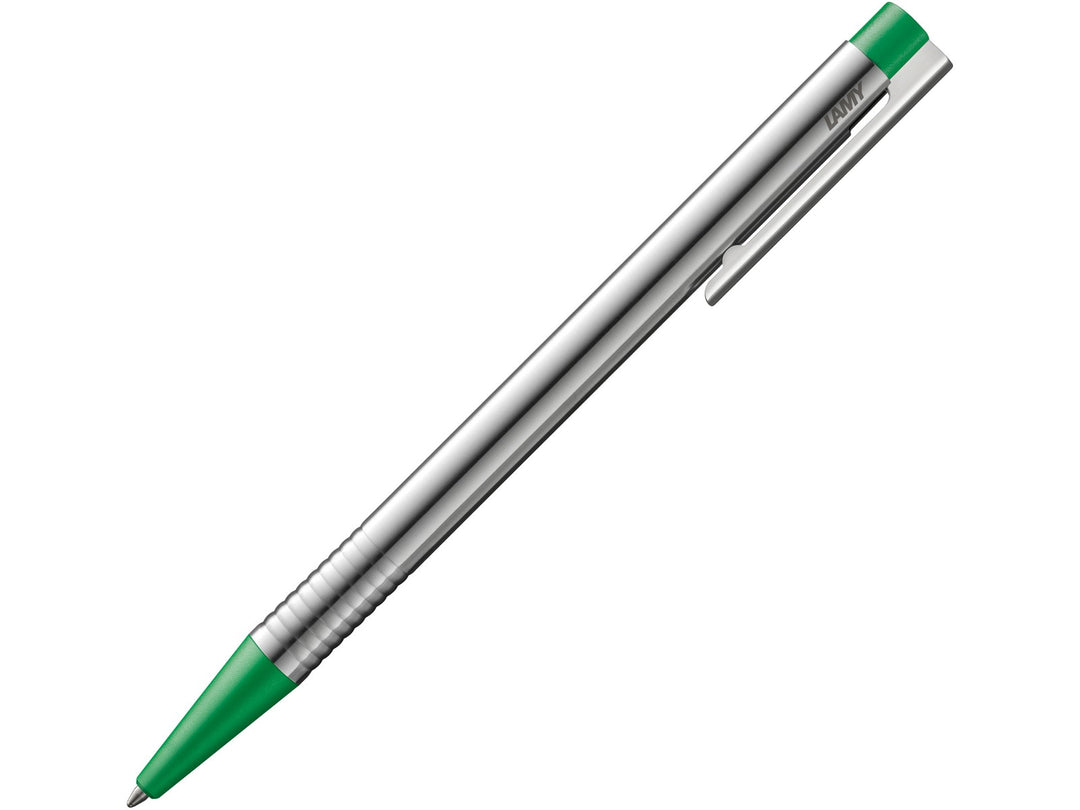 LAMY logo ballpoint pen in stainless steel with green trim, featuring a satin-finished metal barrel, ribbed grip section, spring-loaded metal clip and green medium LAMY M16 ballpoint refill