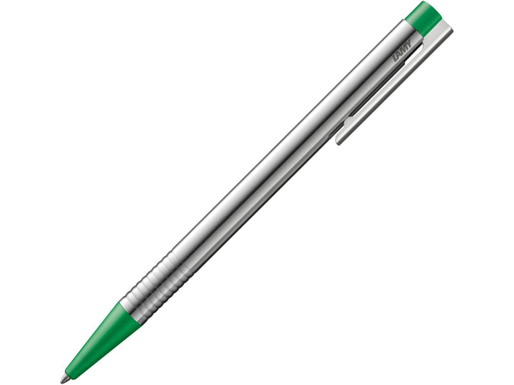 LAMY logo ballpoint pen in stainless steel with green trim, featuring a satin-finished metal barrel, ribbed grip section, spring-loaded metal clip and green medium LAMY M16 ballpoint refill