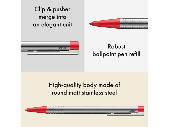 Infographic highlighting key features of the LAMY logo Ballpoint Pen in stainless steel with red trim, showcasing the integrated clip and push-button design, robust LAMY M16 ballpoint refill, satin-finished stainless steel barrel and distinctive red grip and button accents