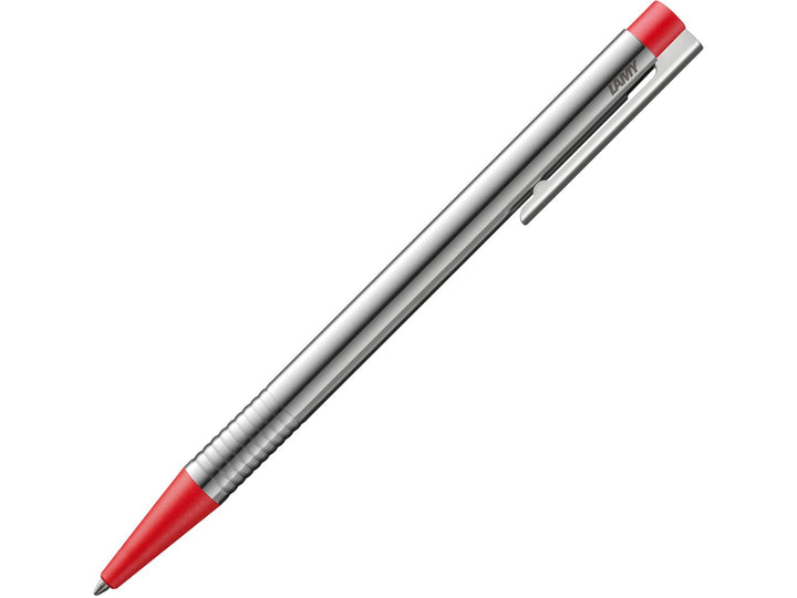 LAMY logo ballpoint pen in stainless steel with red trim, featuring a satin-finished metal barrel, ribbed grip section, spring-loaded metal clip and red medium LAMY M16 ballpoint refill