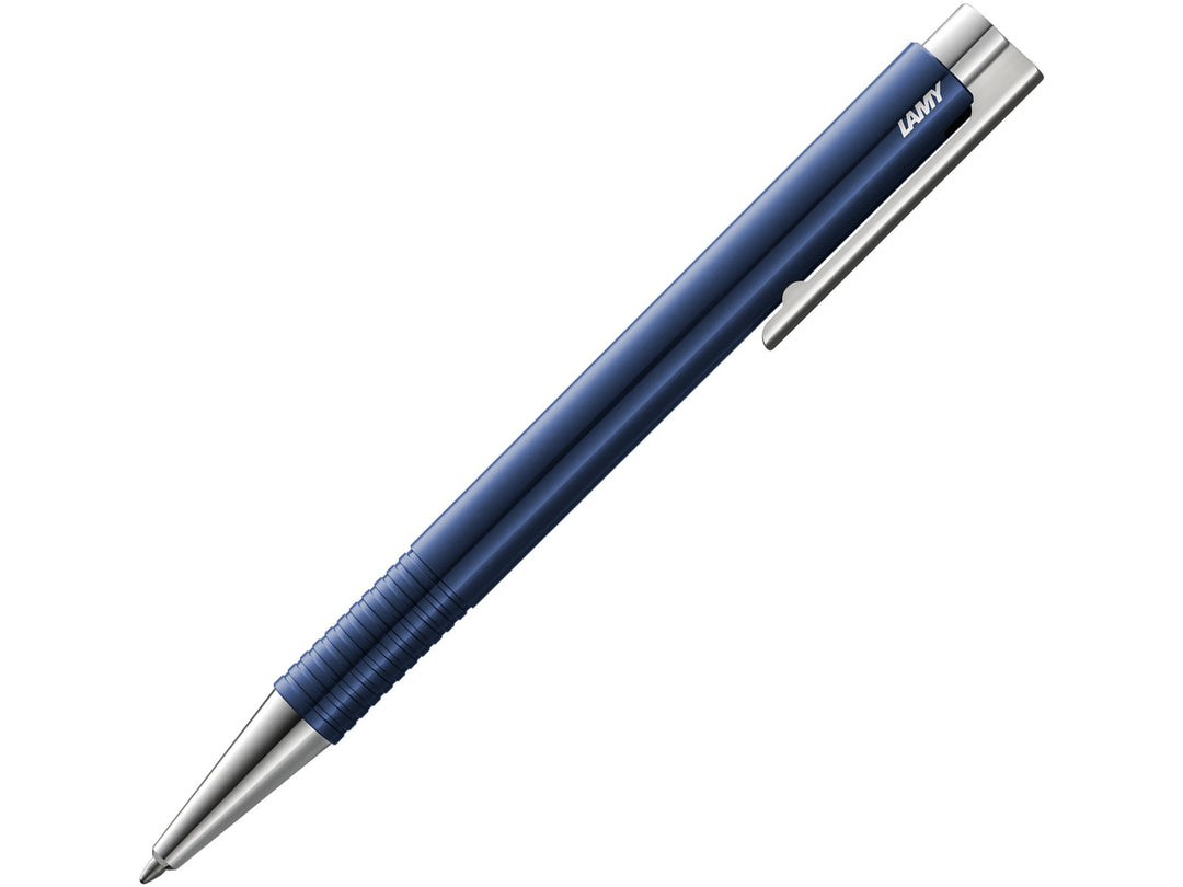 LAMY logo M+ ballpoint pen in Blue featuring an integrated clip and push-button design, spring-loaded metal clip and blue broad LAMY M16 ballpoint refill