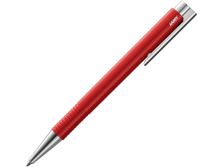 LAMY logo M+ ballpoint pen in Red featuring an integrated clip and push-button design, spring-loaded metal clip and blue broad LAMY M16 ballpoint refill