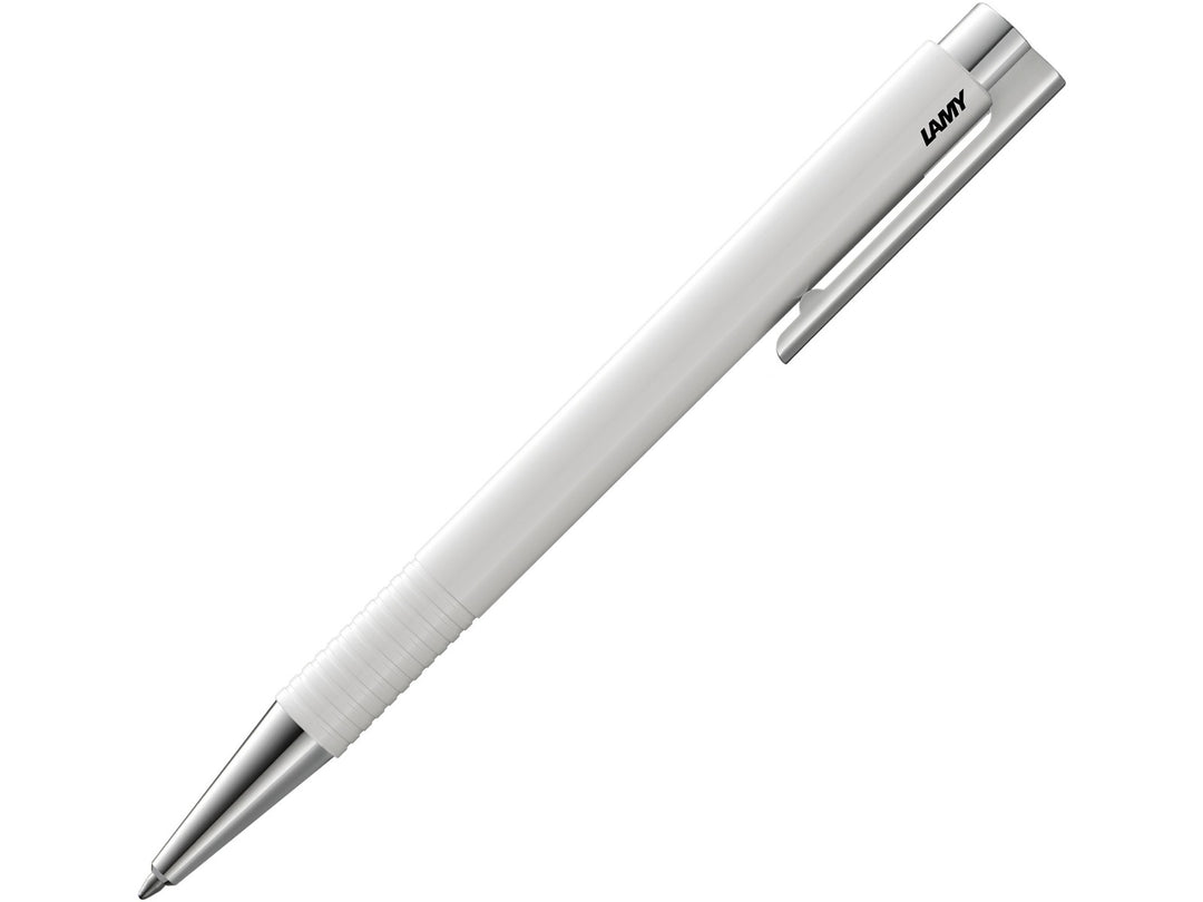 LAMY logo M+ ballpoint pen in White featuring an integrated clip and push-button design, spring-loaded metal clip and blue broad LAMY M16 ballpoint refill