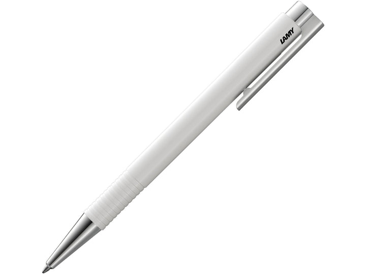 LAMY logo M+ ballpoint pen in White featuring an integrated clip and push-button design, spring-loaded metal clip and blue broad LAMY M16 ballpoint refill