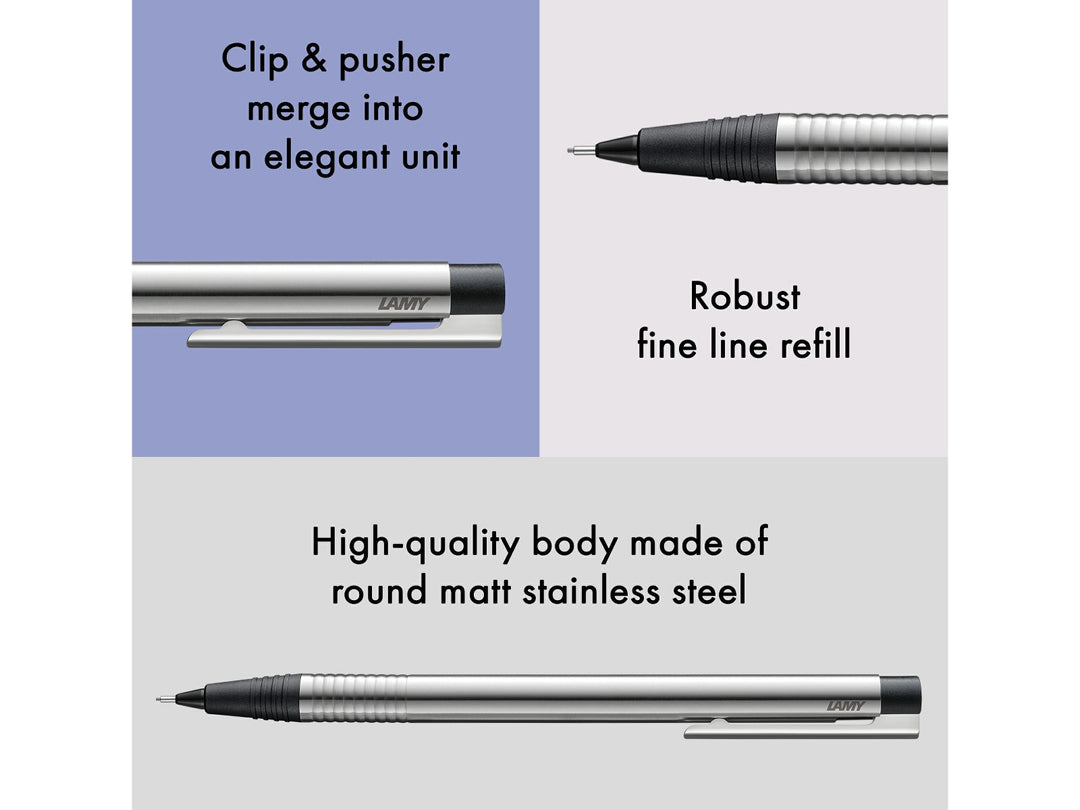 LAMY logo mechanical pencil feature graphic showing integrated clip and pusher design, 0.7mm lead mechanism and matt stainless steel body with black trim