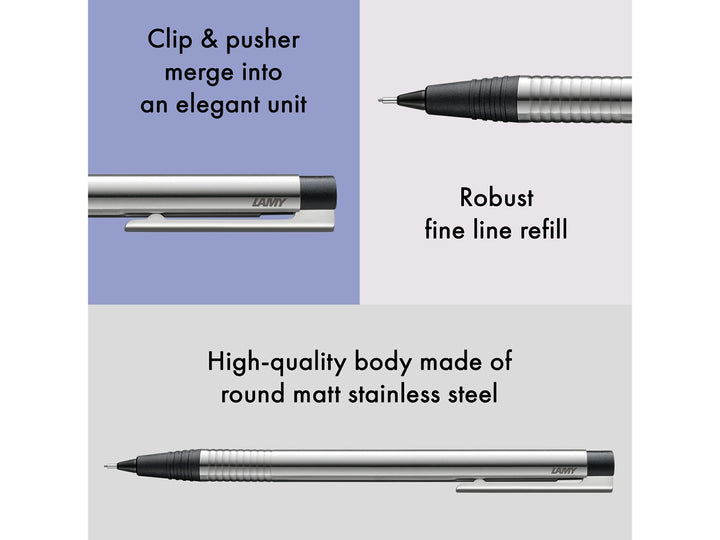 LAMY logo mechanical pencil feature graphic showing integrated clip and pusher design, 0.7mm lead mechanism and matt stainless steel body with black trim