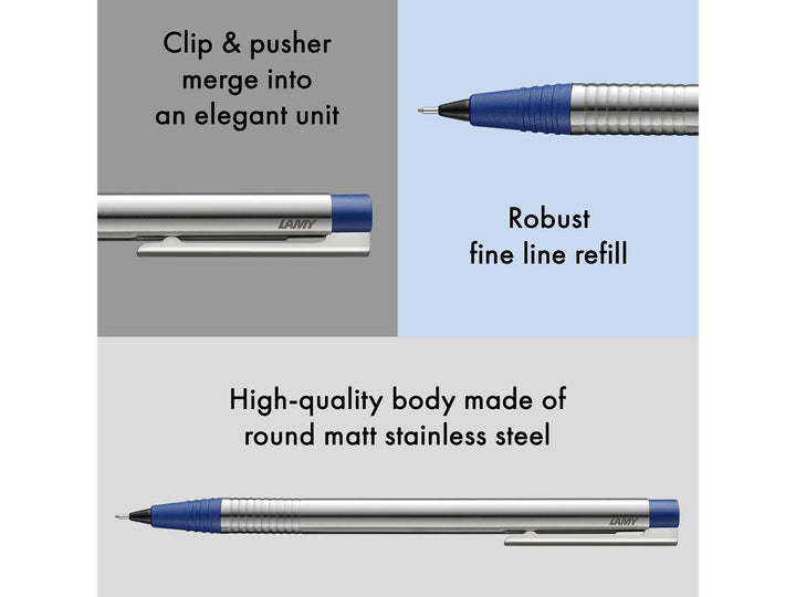 LAMY logo mechanical pencil feature graphic showing integrated clip and pusher design, 0.7mm lead mechanism and matt stainless steel body with blue trim