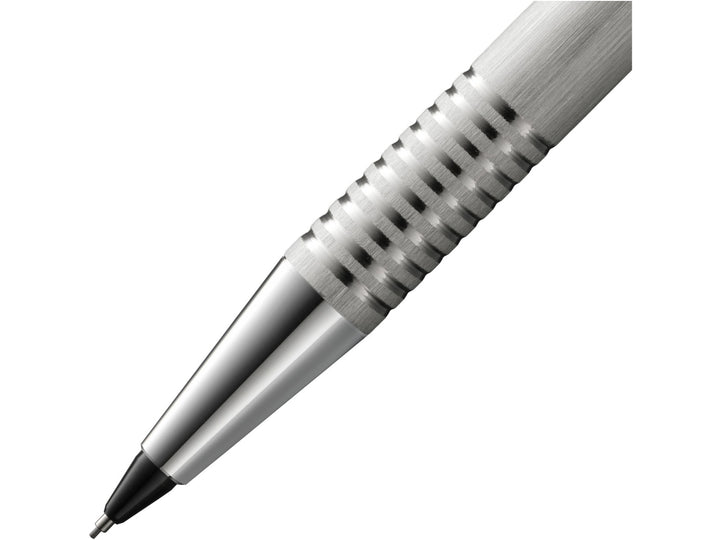 LAMY logo mechanical pencil grip detail with brushed stainless steel finish and precision 0.7mm lead mechanism