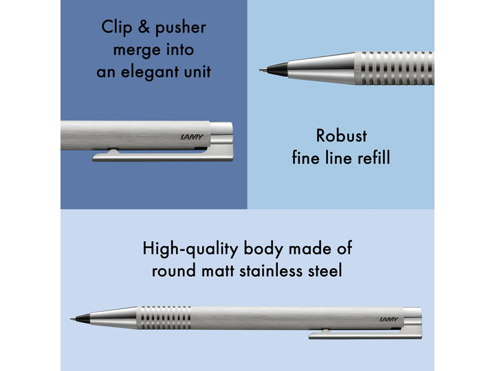 LAMY logo mechanical pencil feature graphic showing integrated clip and push-button design, precision 0.7mm lead mechanism and brushed stainless steel construction