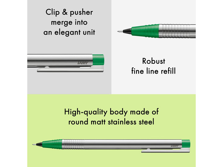 LAMY logo mechanical pencil feature graphic showing integrated clip and pusher design, 0.7mm lead mechanism and matt stainless steel body with green trim