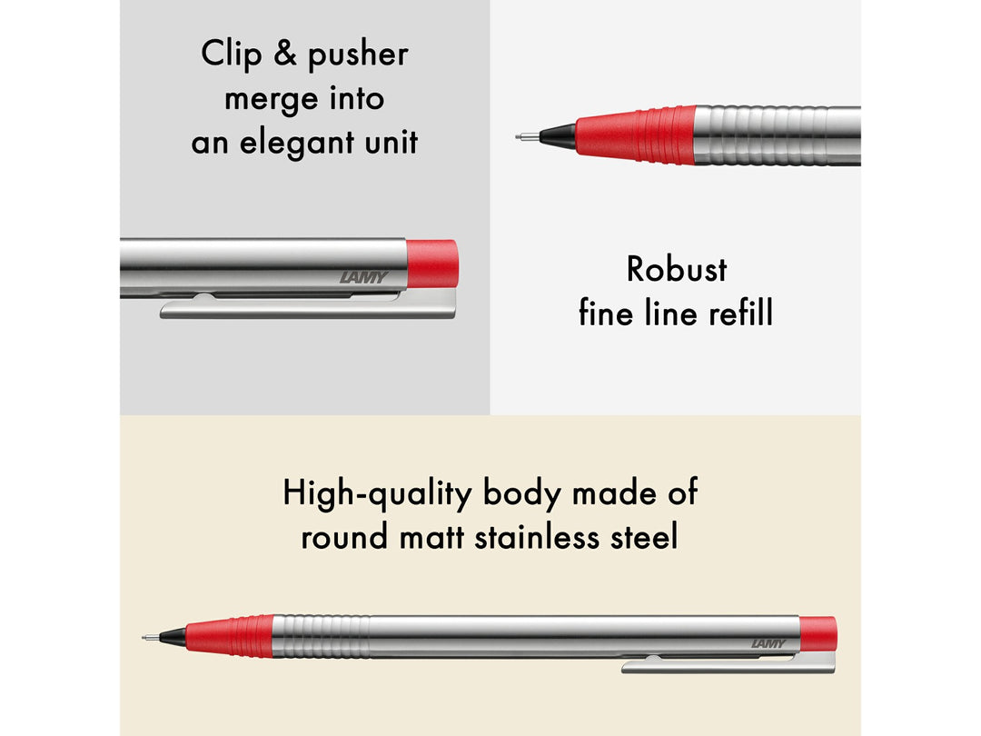 LAMY logo mechanical pencil feature graphic showing integrated clip and pusher design, 0.7mm lead mechanism and matt stainless steel body with red trim